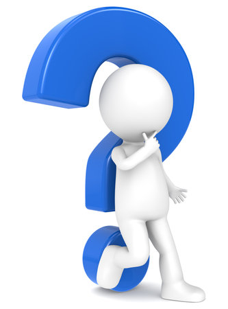 3d human character leaning against a Blue question mark の写真素材