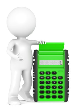 3d little human character with a Green Calculator. Semi transparent plastic. People series.の写真素材