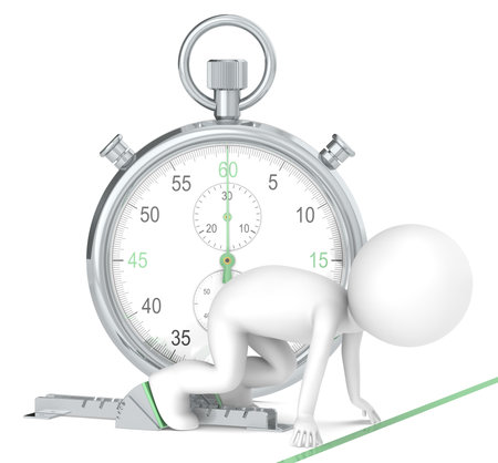 Green Power. 3D little human character The Athlete on the start line. Stopwatch Green Theme color. People series.の写真素材