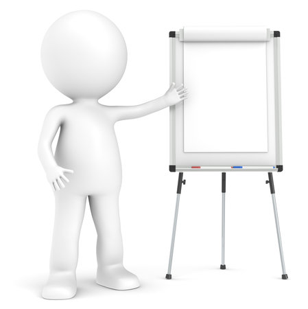 3D little human character with a blank Flip Chart and whiteboard.の写真素材