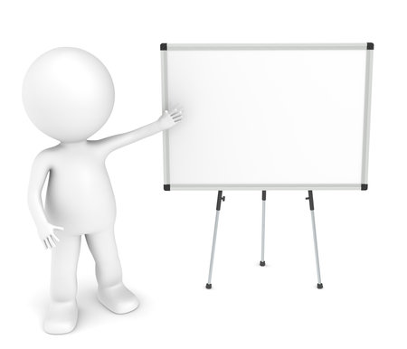 3D little human character with a blank whiteboard.の写真素材