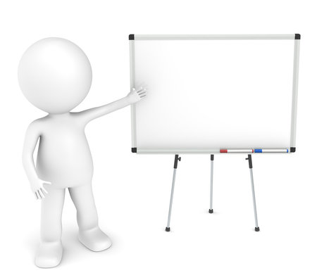 3D little human character with a blank whiteboard and 2 pens.の写真素材