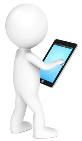 3D little human character holding a Tablet Pad. Blue screen. People series.の写真素材