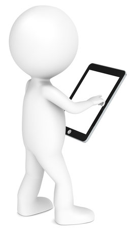 3D little human character holding a Tablet Pad. Blank screen for copy space. People series.の写真素材