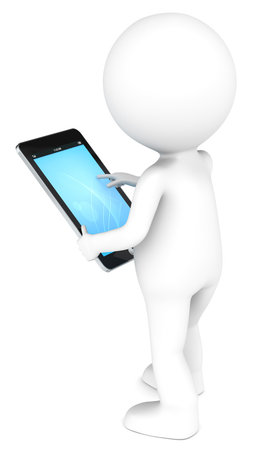 3D little human character holding a Tablet Pad. Blue screen. People series.の写真素材
