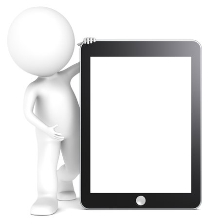 3D little human character with a Tablet Pad. Blank Screen for copy space. People series.の写真素材