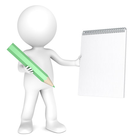 3D little human character holding a Blank notepad and a Green Pencil. Textured Paper. Copy Space. People series.の写真素材