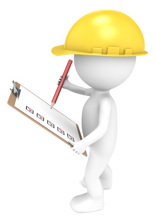 3D little human character The Builder holding a Clip Board and a Pencil  Red and Yellow  People series   の写真素材