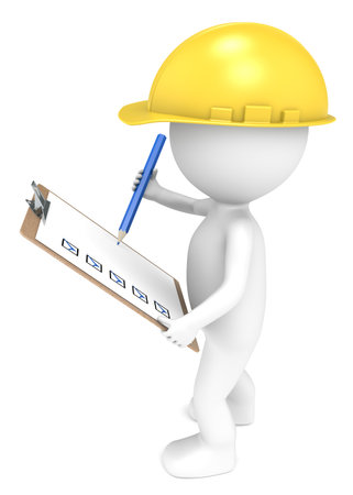 3D little human character The Builder holding a Clip Board and a Pencil  Blue and Yellow  People series   の写真素材