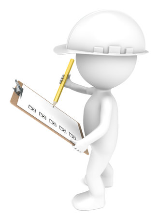 3D little human character The Builder holding a Clip Board and a Pencil  White and Yellow  People series   の写真素材