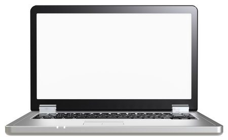 Front view of a Computer Laptop. Back and Metal. Blank Screen for copy space. Isolated.の写真素材