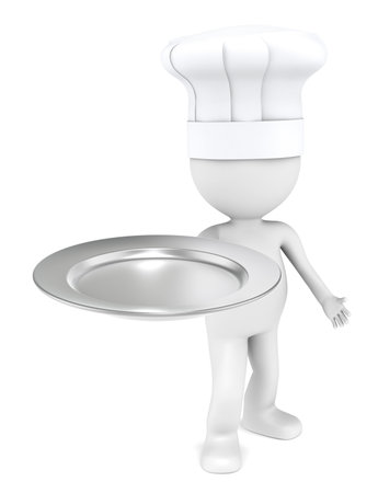 3D little human character the Chef with an empty plate of Silver.の写真素材