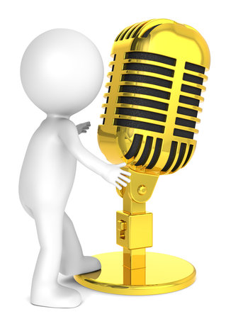 3D little human character with a Retro Microphone of gold. Metal. People series.の写真素材