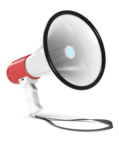 Red and white Megaphone with Strap. Floor Shadow.の写真素材