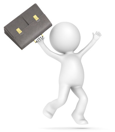 3D little human character with a briefcase jumping of joy  Brown leather and Brass の写真素材