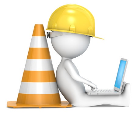 3D little human character The Builder sitting with a Laptop  Side view  People series の写真素材