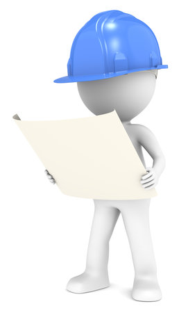 3D little human character The Builder looking at a blueprint  Front view  Blue  People series の写真素材