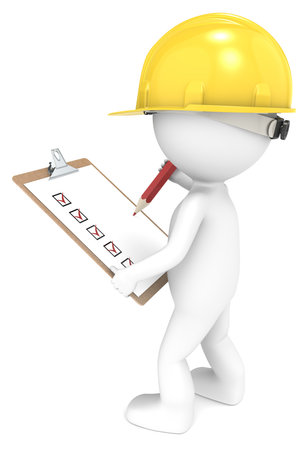 3D little human character The Builder with a clipboard. Back view. People series.の写真素材
