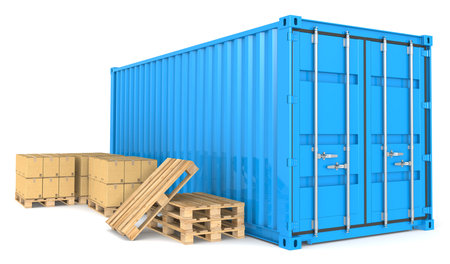 Blue Cargo Container, pallets and cardboard boxes  Warehouse and distribution series の写真素材