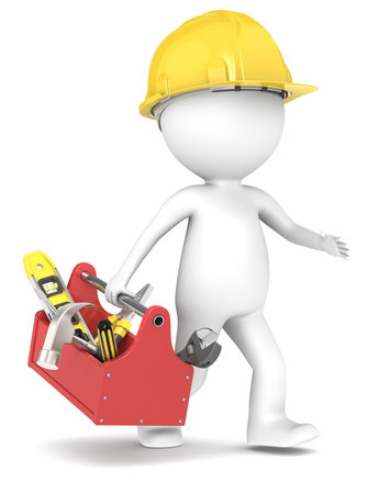 3D little human character The Builder running with a toolbox People series の写真素材