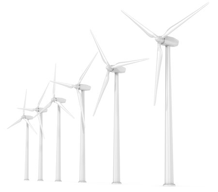 6 X Wind Turbines in a Row. Perspective view. White Background.の写真素材