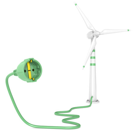 A Single Wind Turbine connected to a Power Cable. White Background.の写真素材