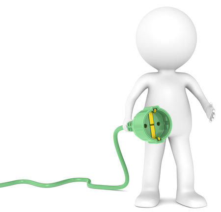 3D little human character with a Power Cable. Female and Green. People series.の写真素材