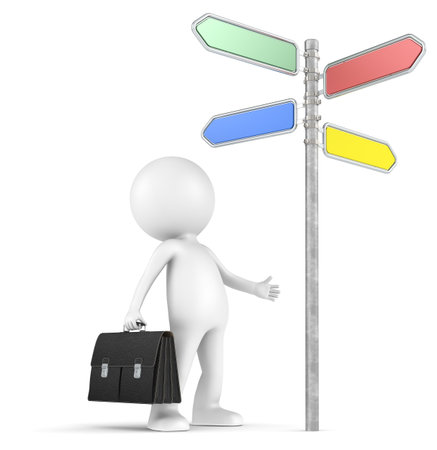 3D little human character the Businessman looking at a 4-way Directional Sign  People series の写真素材