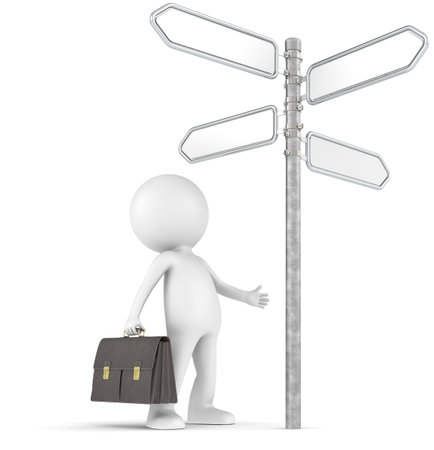 3D little human character the Businessman infront of a 4-way Street Sign  People series の写真素材