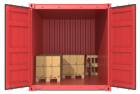 Container with goods  Red Cargo Container  Open Doors  Pallets and Boxes  Front view の写真素材