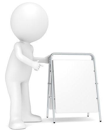 3D little human character pointing at a White Sandwich Board  Copy Space の写真素材