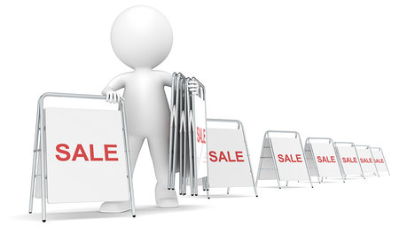 Sale  3D little human character placing a row of Sale signs  Sandwich Boards   People series 