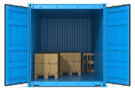 Blue Cargo Container. Open Doors. Pallets and Boxes. Front view.の写真素材