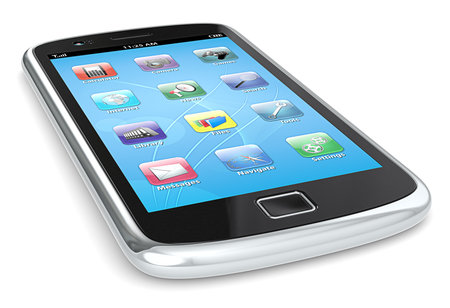 Black Smartphone, blue screen with icons. White Background.の写真素材