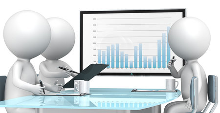 Business meeting  3D little human characters X3 during business review  Big screen  Business People series  の写真素材