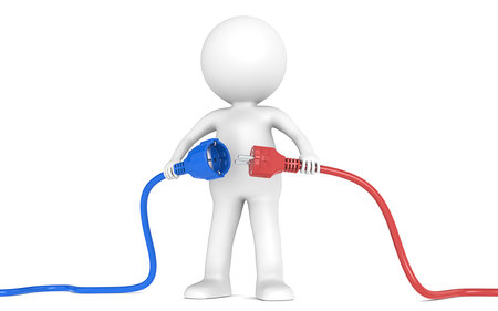 3D little human character holding blue and red Power Cable  Male and Female plug   People series の写真素材