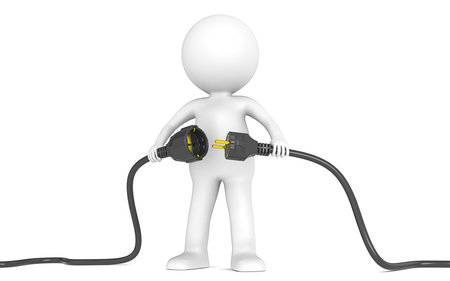 3D little human character holding Black Power Cable  Male and Female plug   People series の写真素材