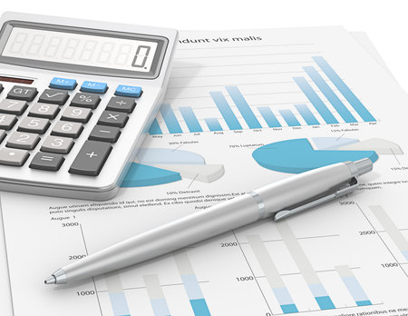 Pen and Calculator on a paper with graph and charts. Blue Theme color.の写真素材