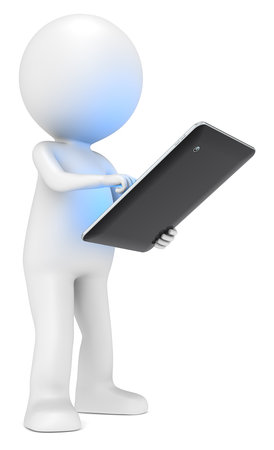 3D little human character with a Tablet Computer  Illuminative Blue Screen  People series