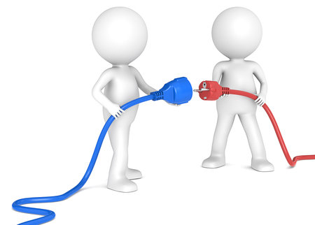 3D little human character X2 holding blue and red Power Cable  Male and Female plug   People series の写真素材