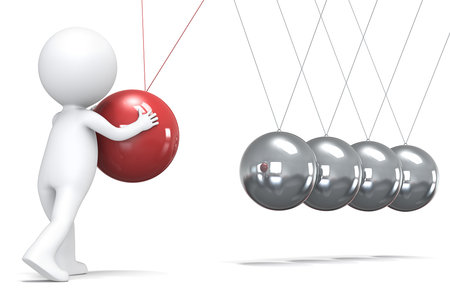 3D little human character pushing a ball in pendulum. People series.の写真素材