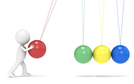 3D little human character with Newtons Cradle. Side view. People series.の写真素材