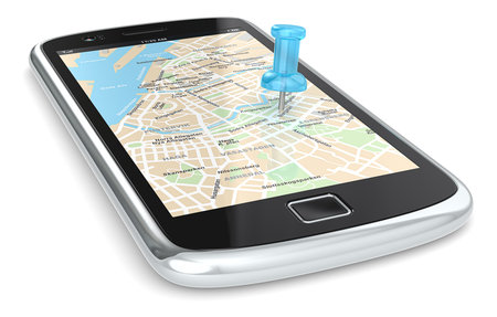Black Smartphone with a GPS map. Blue Pushpin. の写真素材