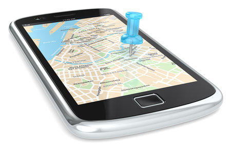 Black Smartphone with a GPS map. Blue Pushpin. の写真素材