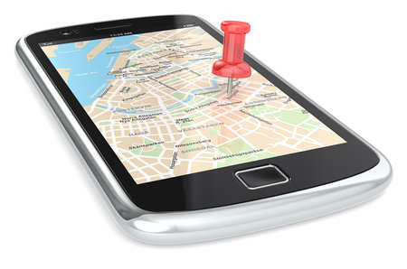 Black Smartphone with a GPS map. Red Pushpin. の写真素材