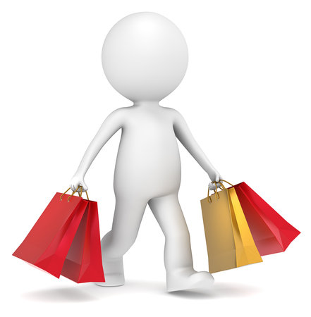 3D little human character carrying Christmas Shopping Bags. Red and Gold. People series.の写真素材