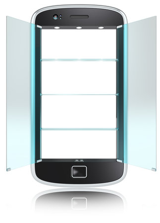 Abstract Smartphone with doors and shelves of Frosted Glass. Open. Isolated.の写真素材