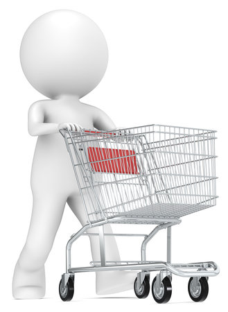 3D little human character with pushing a Shopping Trolley  Red  People series の写真素材