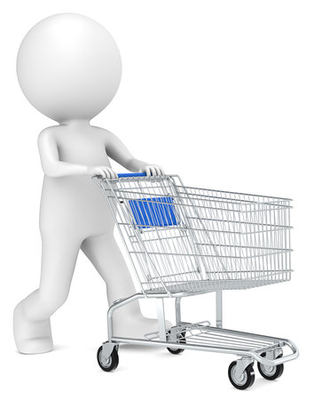 3D little human character with pushing a Shopping Trolley  Blue side view  People series の写真素材