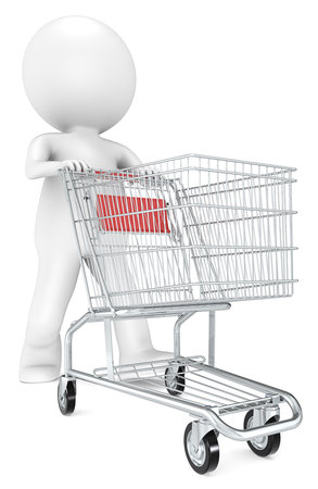 3D little human character with pushing a Shopping Trolley.Front perspective view, Red. People series.の写真素材